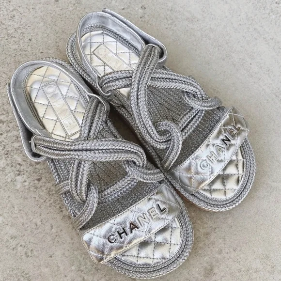 šSOLD CHANELš¤©20S CC Lambskin Cord Rope Logo Dad Sandals in Silver Sz 39 - Picture 2 of 16